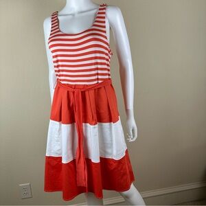 Spense Orange and White Striped Sleeveless Dress with Self Tie Belt
